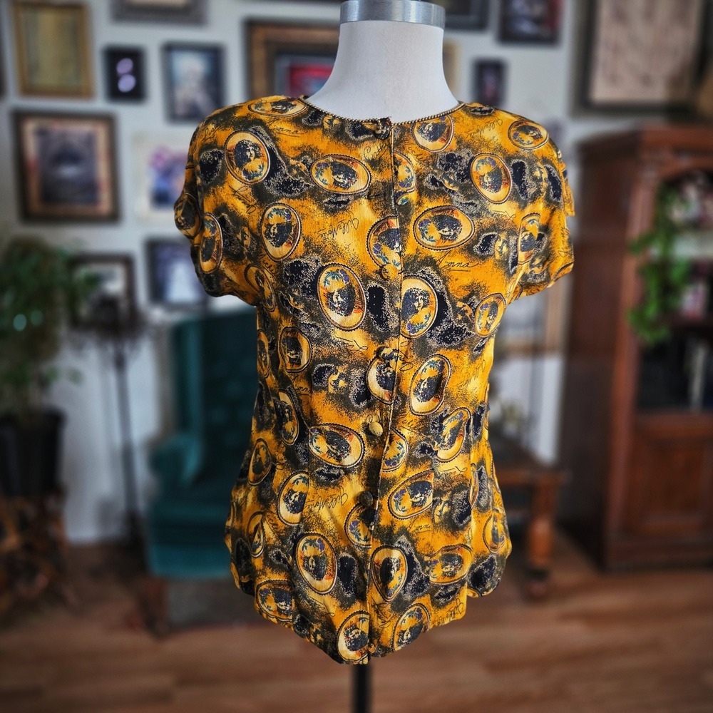 Vintage‎ 90s PLATINUM PETITES Women's Clock Print Button Front Short Sleeve Top - Picture 3 of 8
